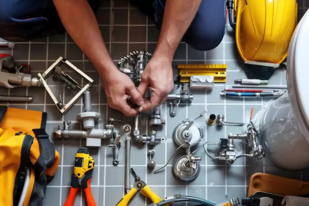 Plumbing tools and fittings laid out during a repair job in Golden, CO