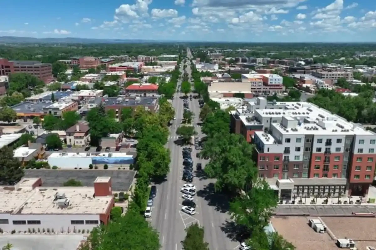 Aerial view of downtown Arvada, CO near the Olde Town historic district