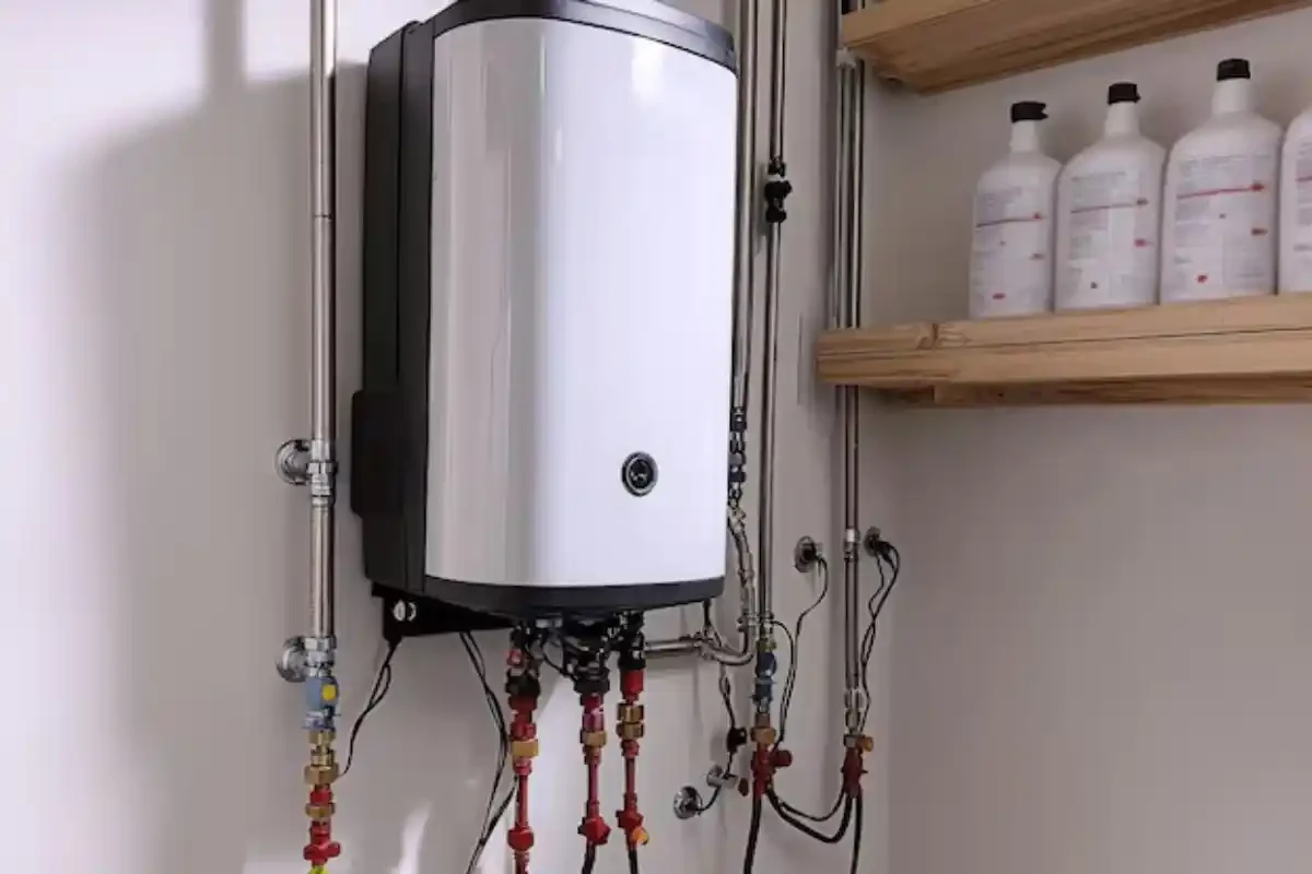 Tankless water heater installed on an interior wall in a Golden, CO home